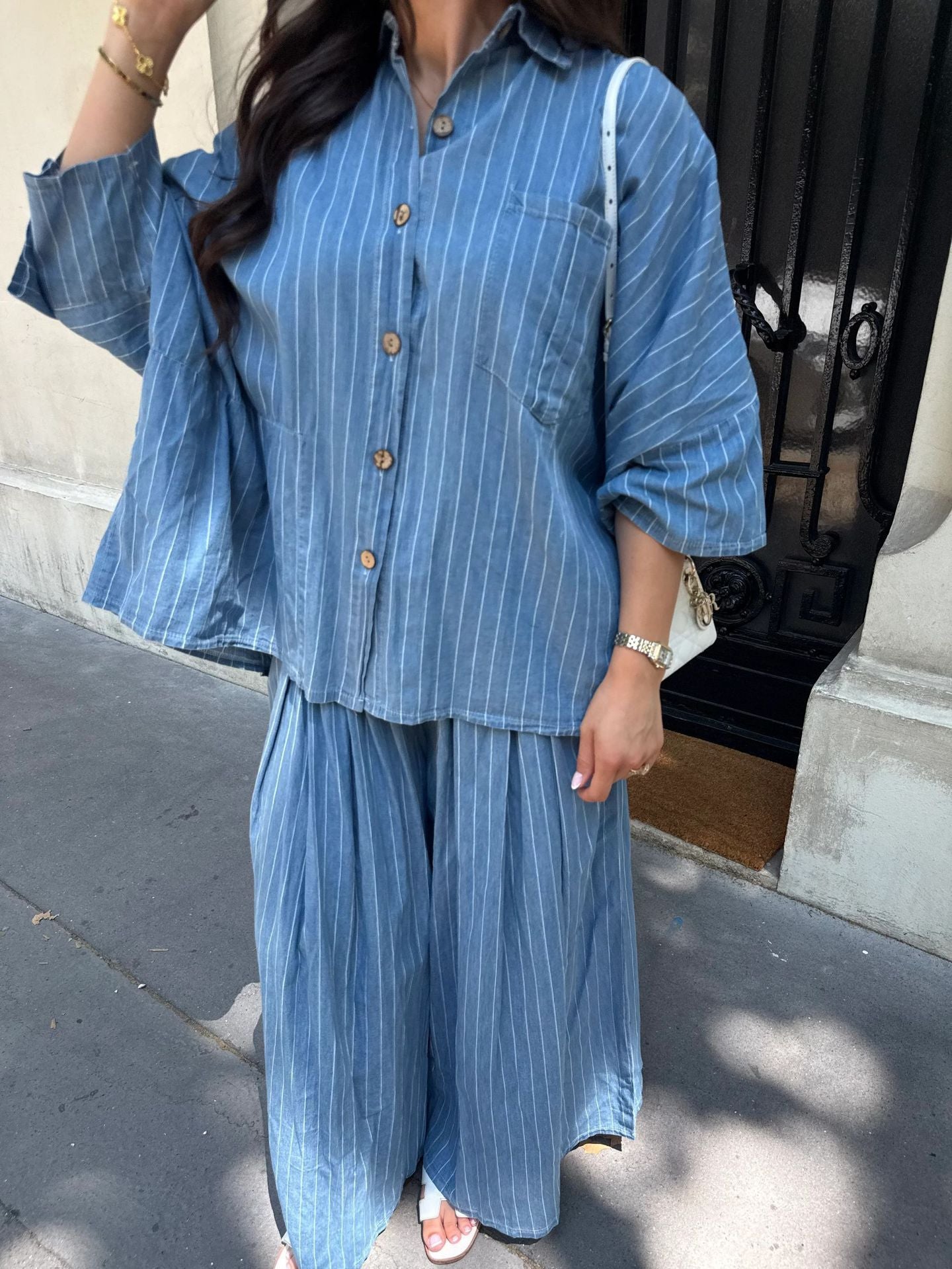 Élégance Rayée – Chemise Casual & Pantalon Palazzo