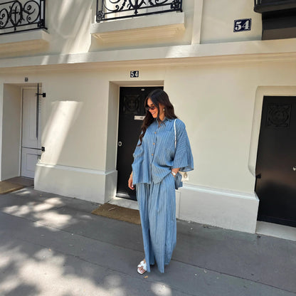 Élégance Rayée – Chemise Casual & Pantalon Palazzo