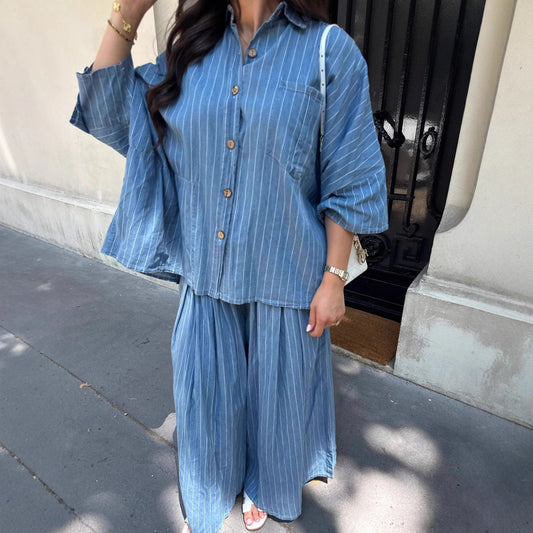 Élégance Rayée – Chemise Casual & Pantalon Palazzo